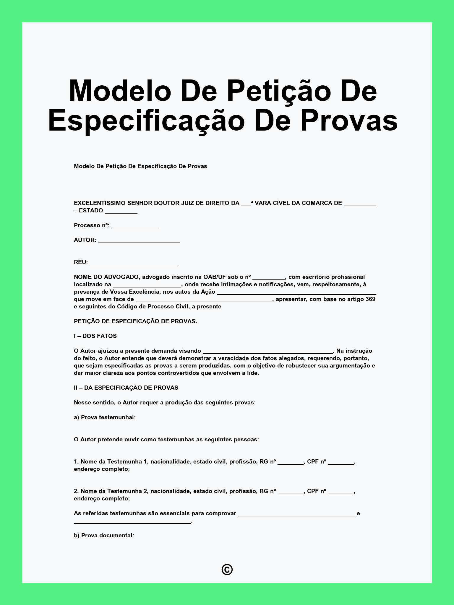 Modelo De Petição De Especificação De Provas