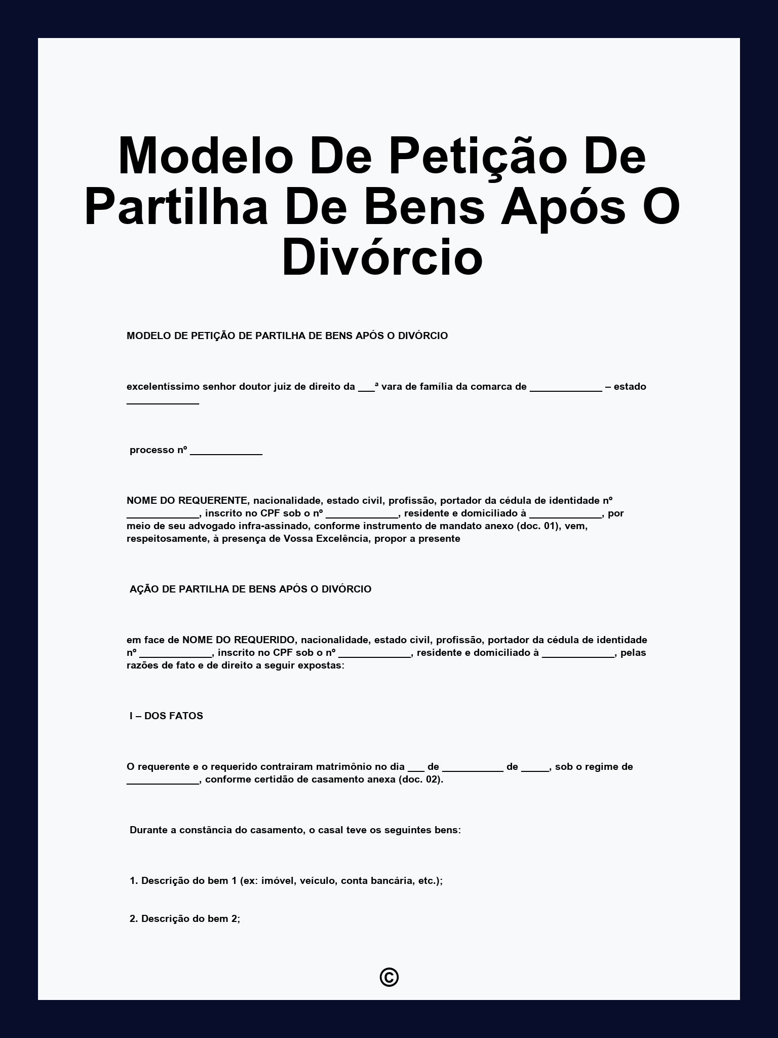 Modelo De Petição De Partilha De Bens Após O Divórcio