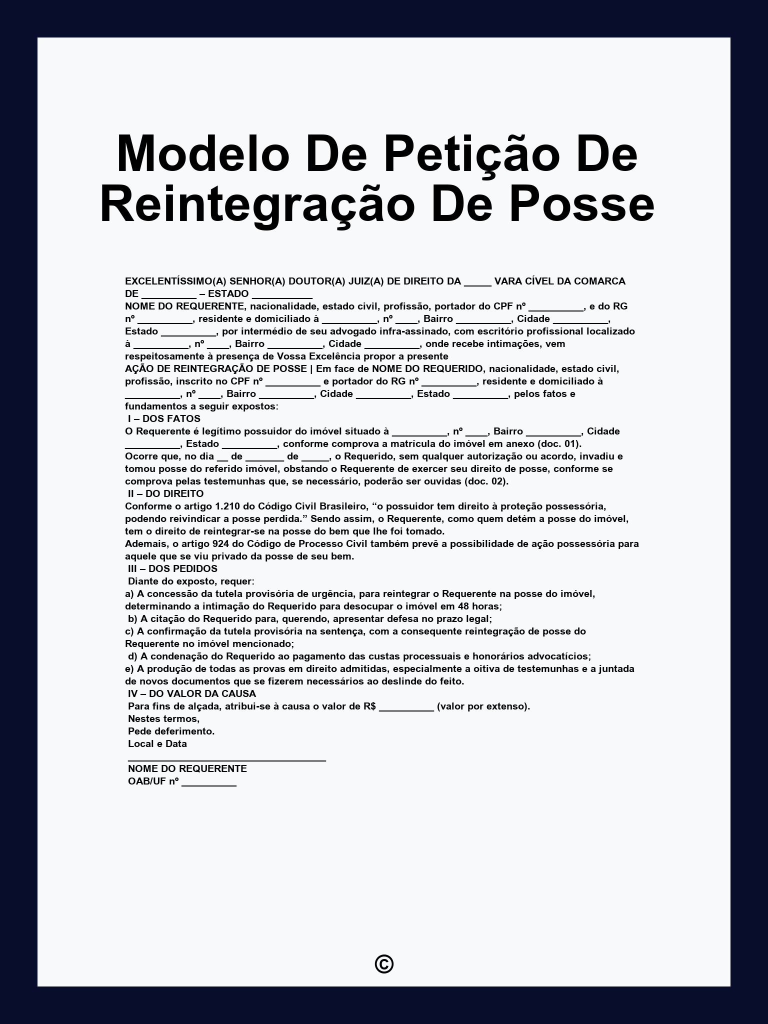 Modelo De Petição De Reintegração De Posse
