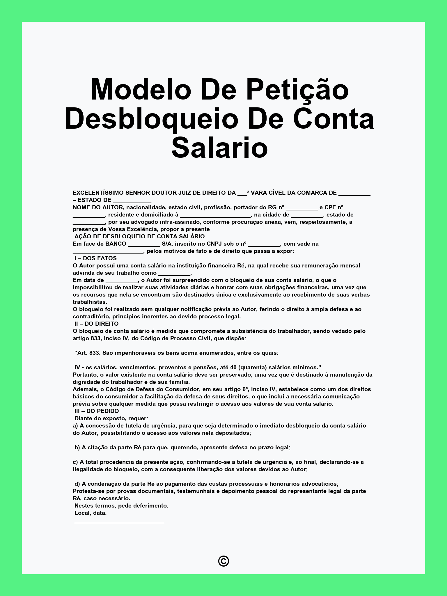 Modelo De Petição Desbloqueio De Conta Salario