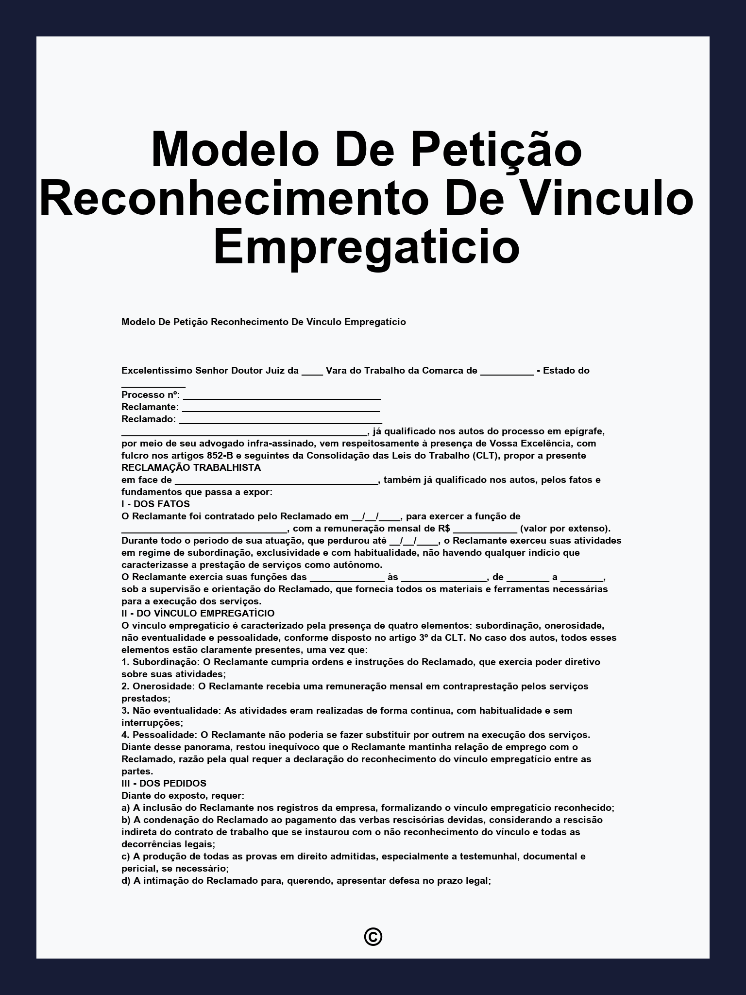 Modelo De Petição Reconhecimento De Vinculo Empregaticio