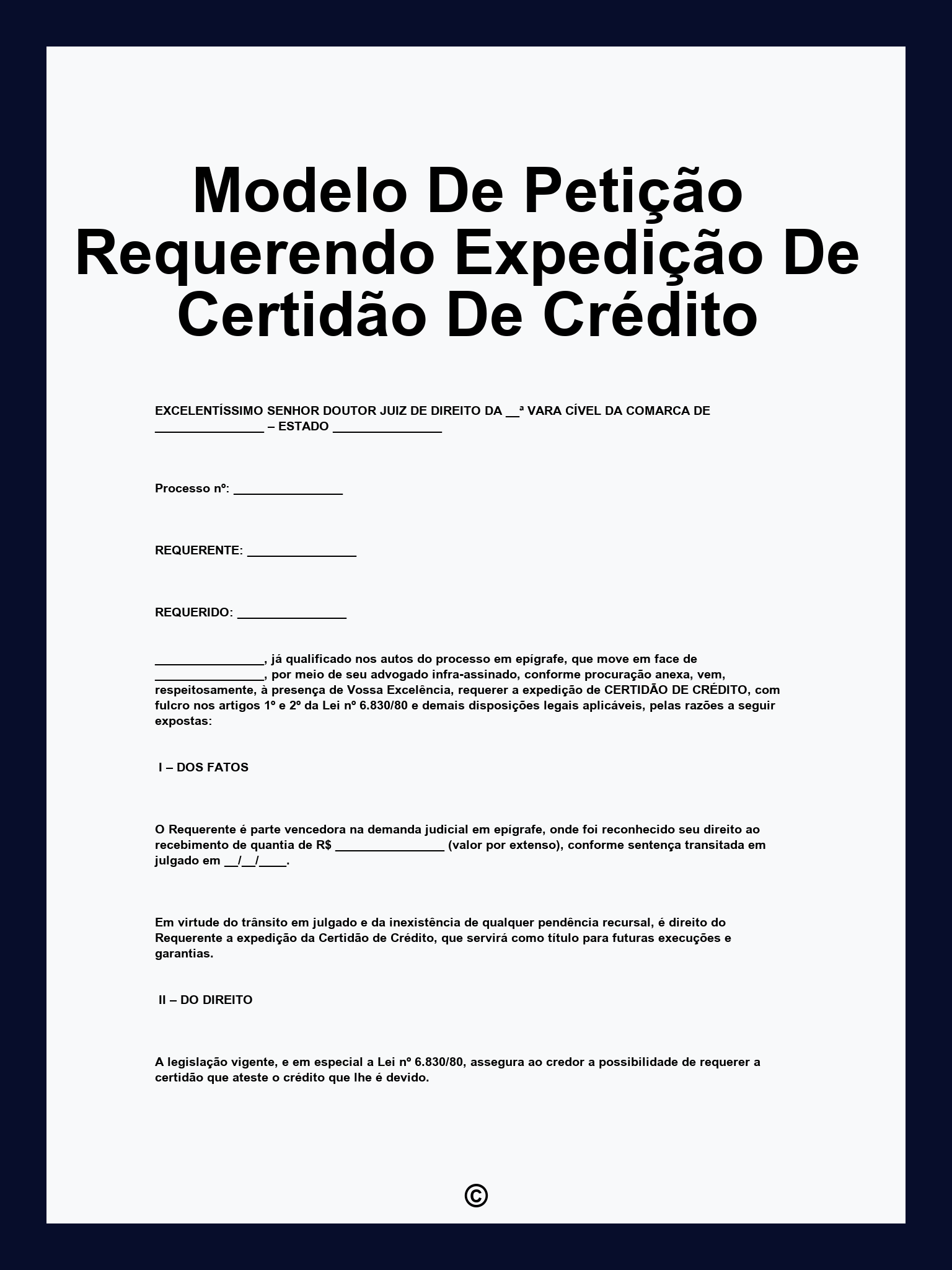 Modelo De Petição Requerendo Expedição De Certidão De Crédito